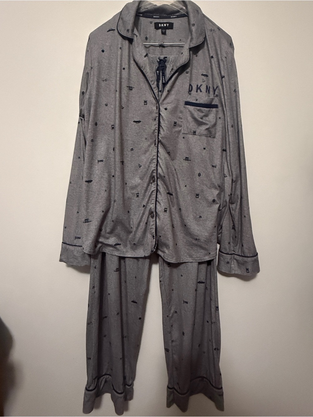 DKNY Women’s Gray Pajama Set with Navy Trim and Logo-size XL